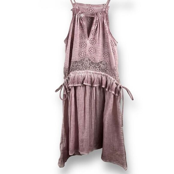Topshop Women's Size 4 High Neck Mini Dress Pink Purple Eyelet Lace Ruffle - Picture 4 of 14